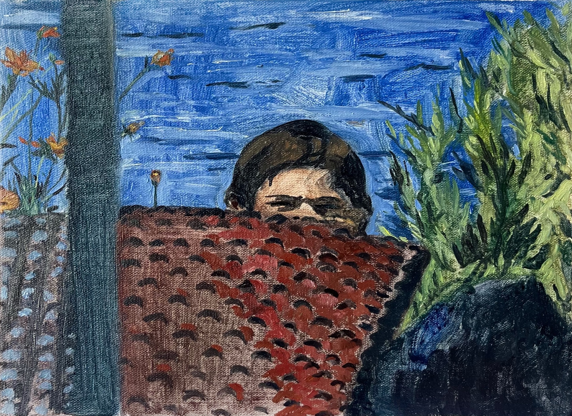 Entre les tiges et les fleurs, 2025, huile sur toile, 25x30 cm