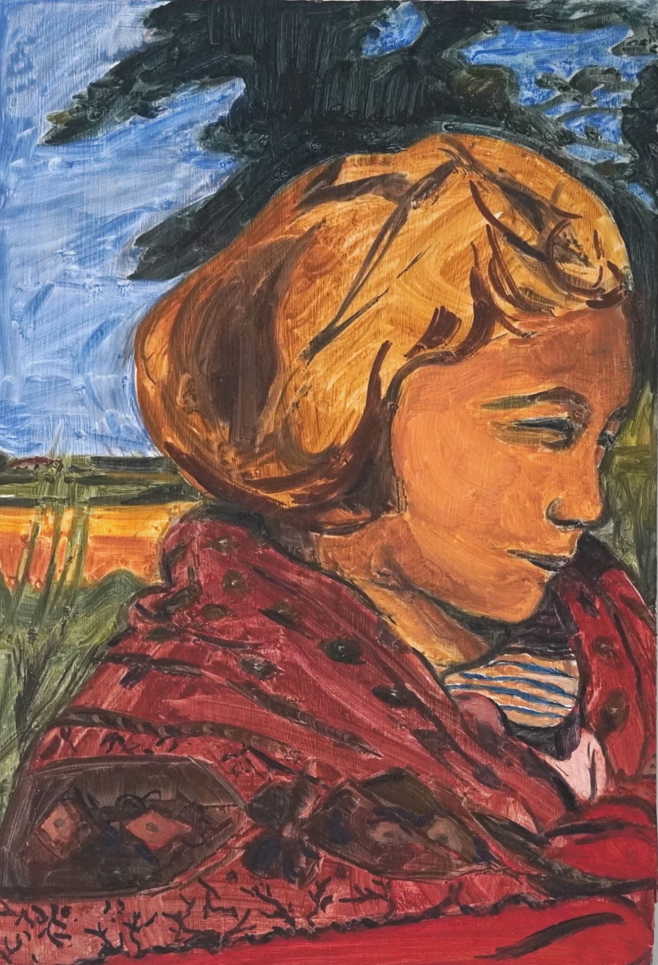 Foulard rouge, 2025, huile sur bois, 45 x 30 cm