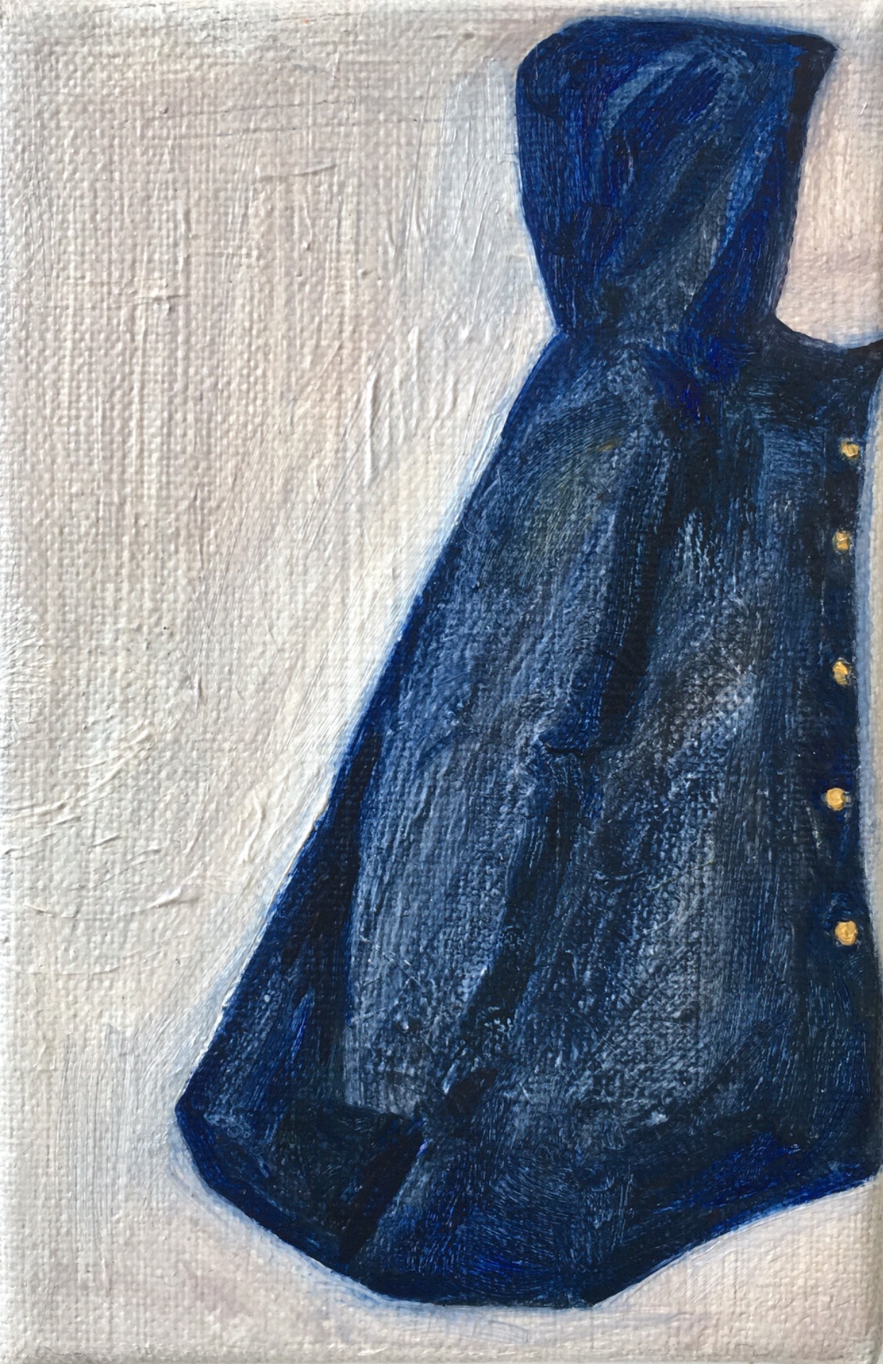 Manteau bleu, 2025, huile sur toile, 18 x 10 cm