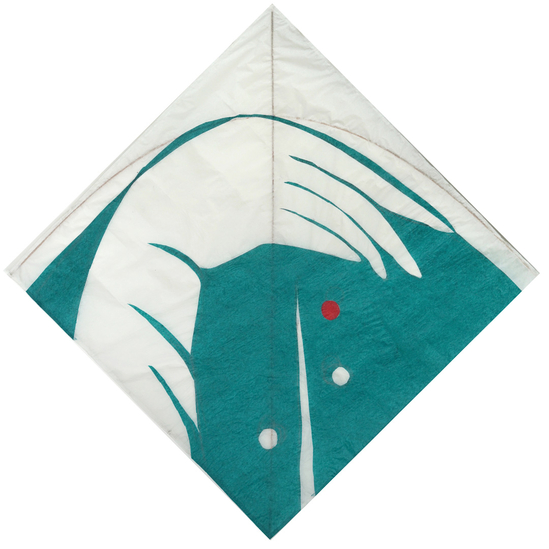 Cerf-volant-combattant chilien, Bouton rouge, papier de soie et bois blanc, 50 x 50 cm