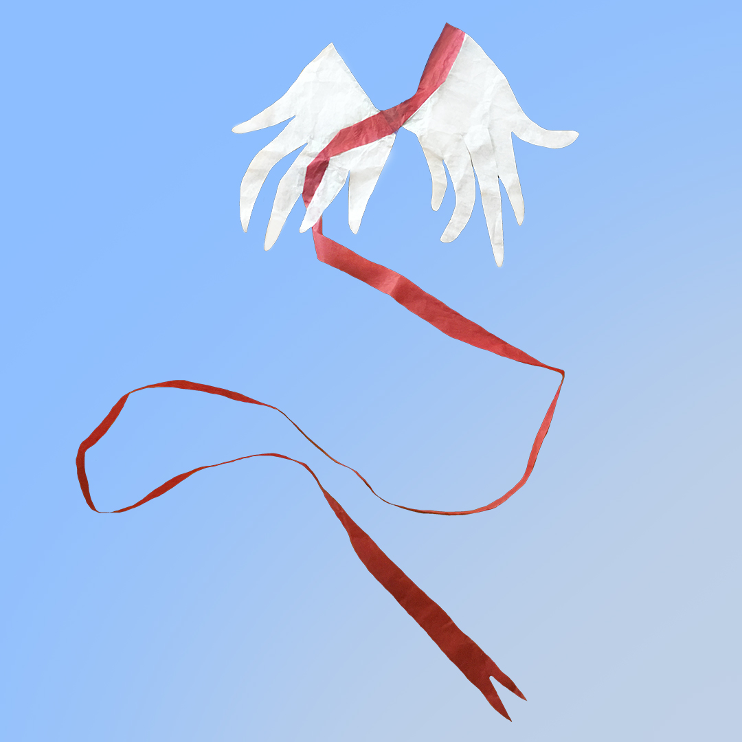 Cerf-volant, forme originale, Ruban rouge, 2024, papier de soie et bois blanc, 100 x 60 cm