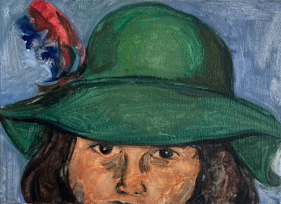 Chapeau vert, 2025, huile sur toile, 25 x 30 cm
