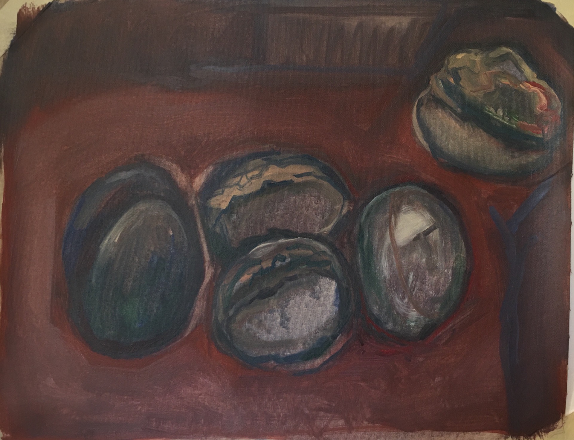 Noix I, 2022, huile sur toile nue, 49 x 39 cm