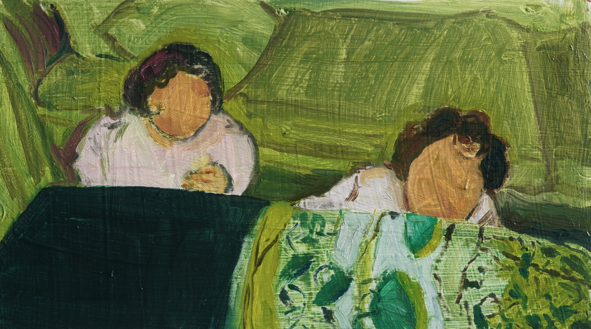 Sur tes épaules, 2024, huile sur bois, 25 x 15 cm