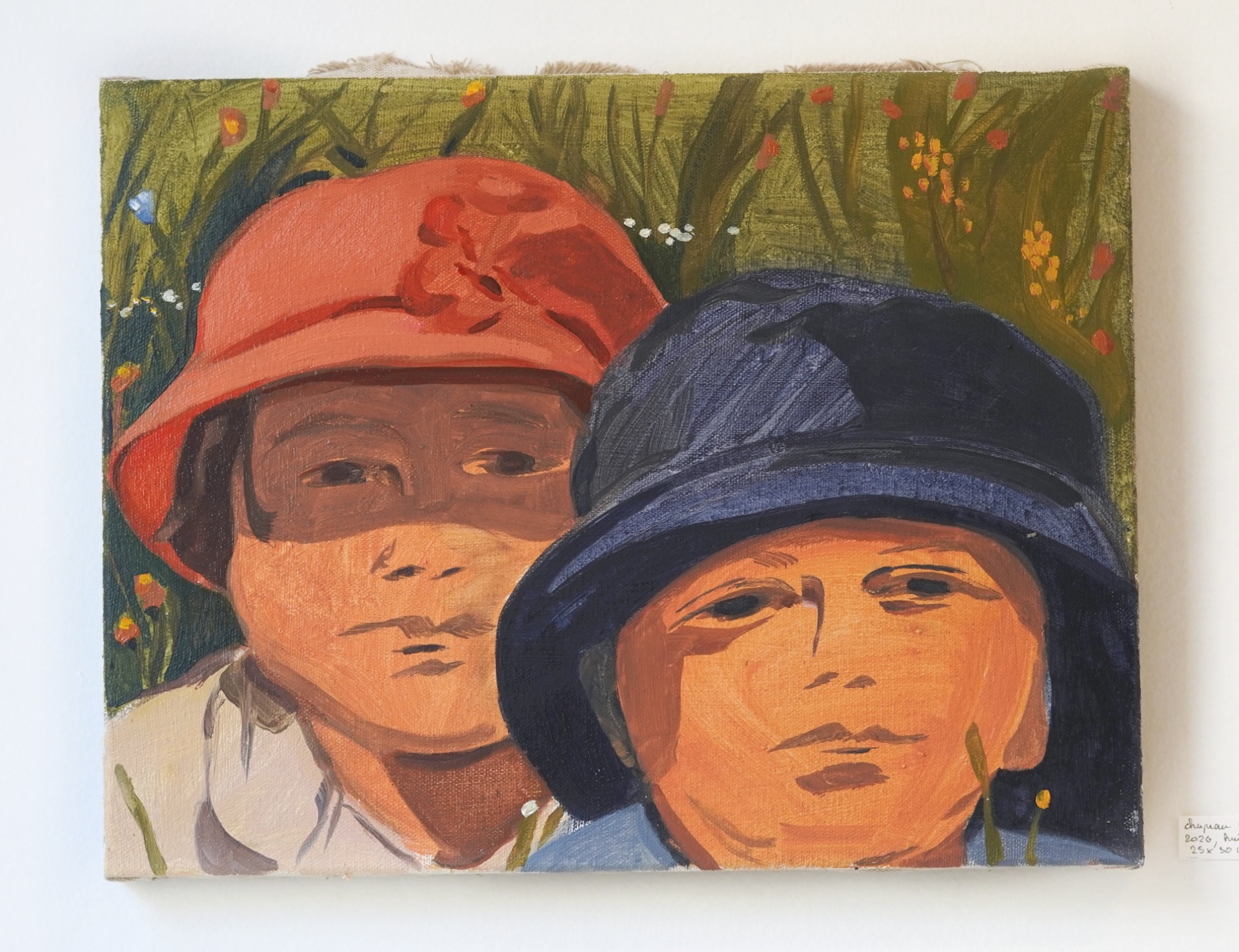 Chapeau rose, chapeau bleu, 2026, huile sur toile 25 x 35 cm
