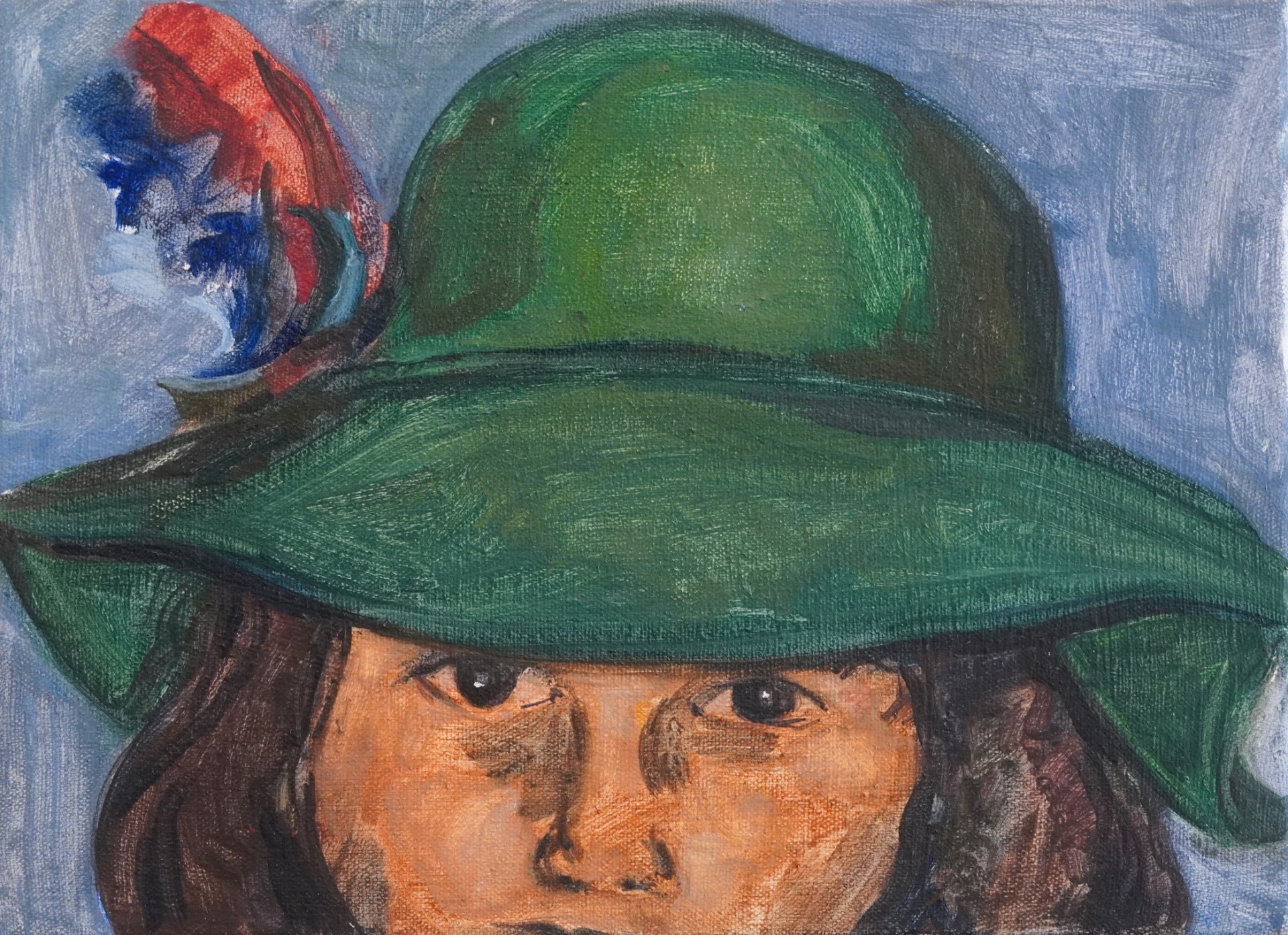 Chapeau vert, 2025, huile sur toile, 25 x 30 cm